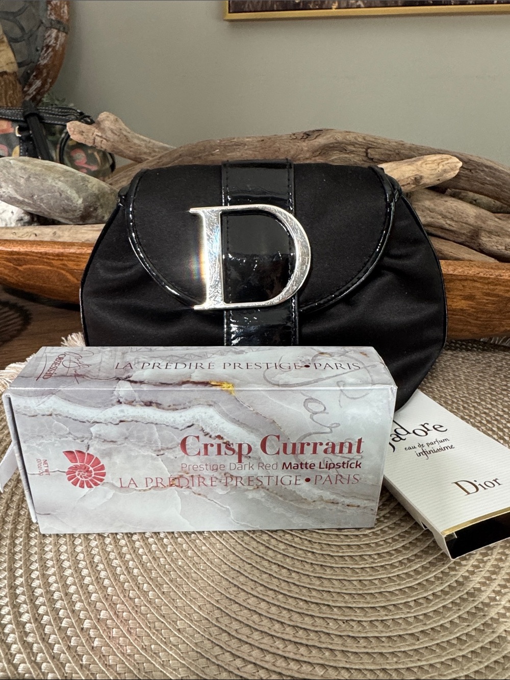 La Predire Prestige Lipstick & Black Satin Clutch with Silver 'D' Accent Gift
